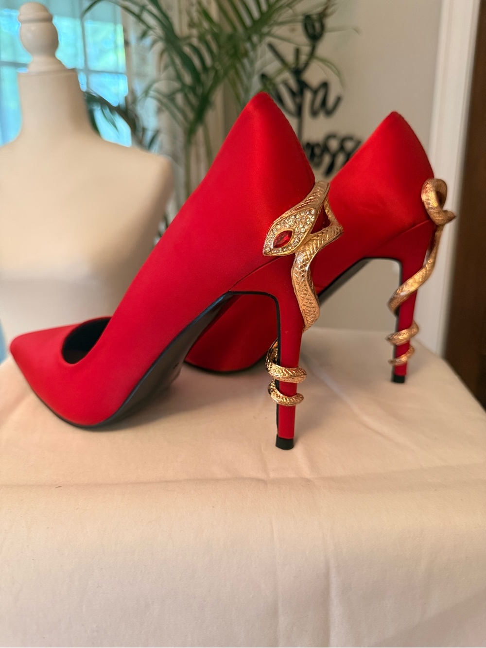 Azalea Wang - Red Satin Snake-Accent Stiletto’s